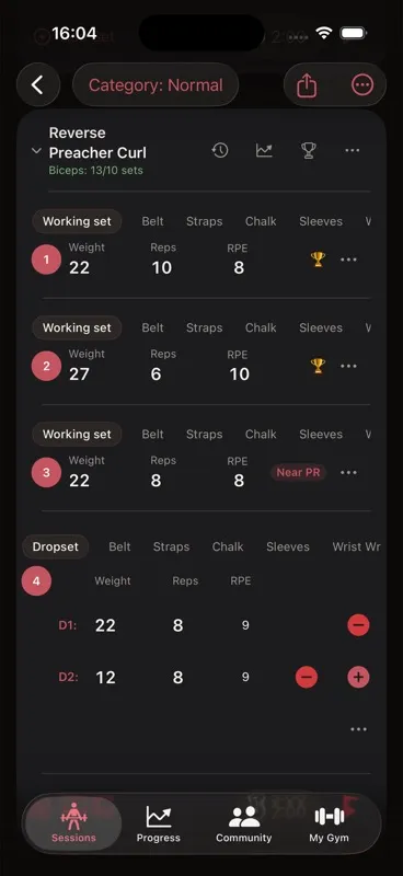 Callus workout screen logging a dropset: three working sets with RPE, then a dropset with weight, reps and RPE recorded per drop